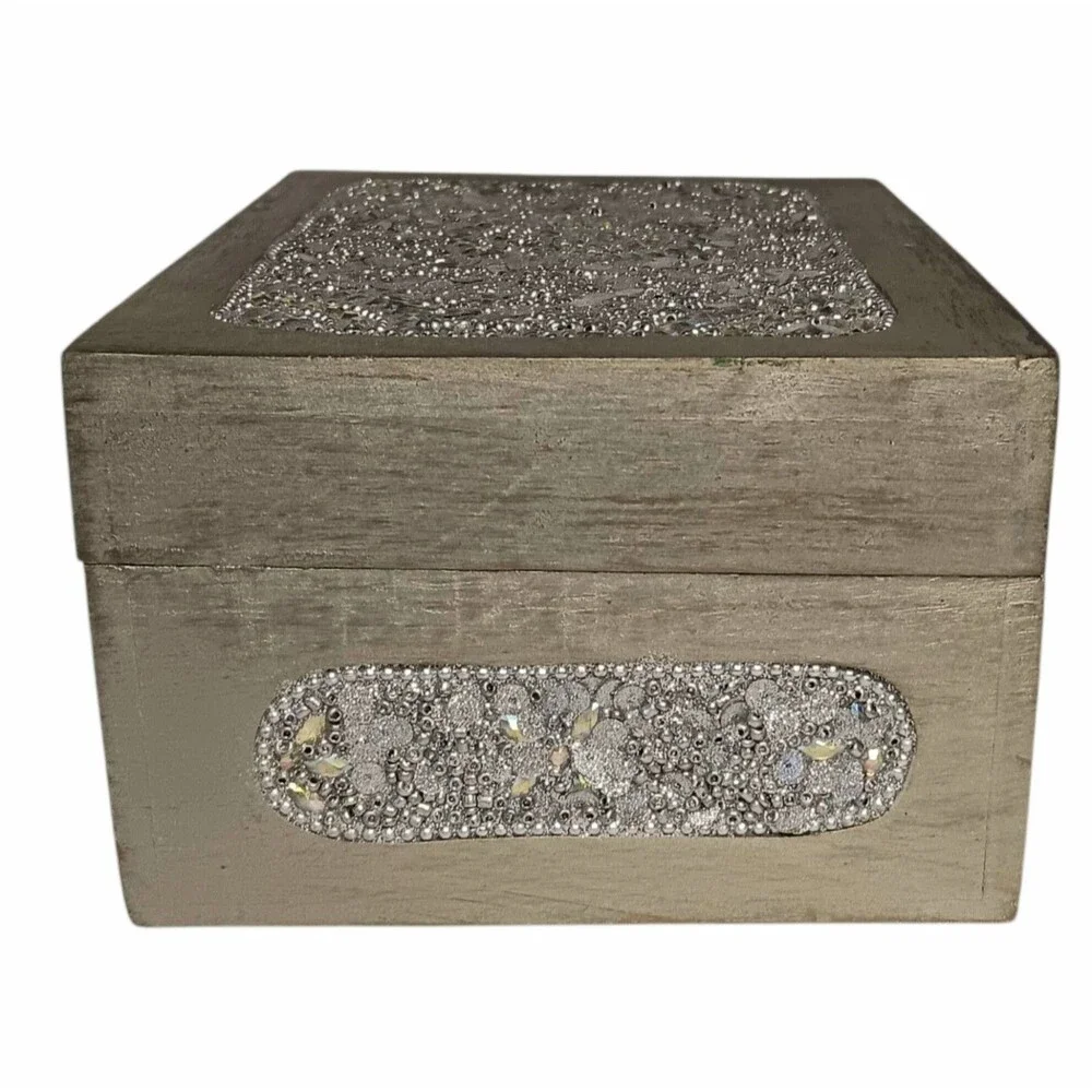 Sparkly Jewlery Box Silver With Sequins & Rhinestones Lightweight Wood 7 x 5 x 3
